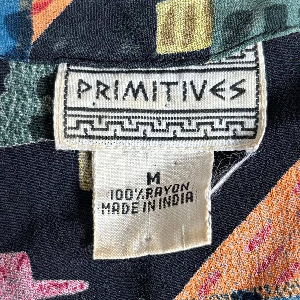 Vintage 90s Rayon Shirt Medium Colorful Yellow Tribal Abstract Animal Print Black - Image 10