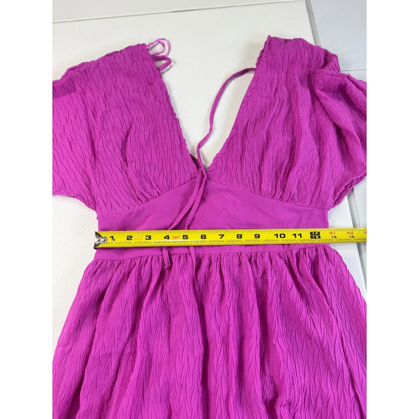 Japna Pink Crinkle Flutter‎ Sleeve Maxi Dress V-Neck Flowy Bohemian Summer - Image 8