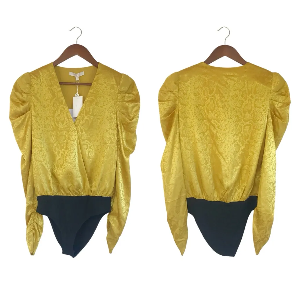 WAYF Sav Yellow Gold Snake Print Bodysuit Low Cut Long Puff‎ Sleeve Medium New - Image 2