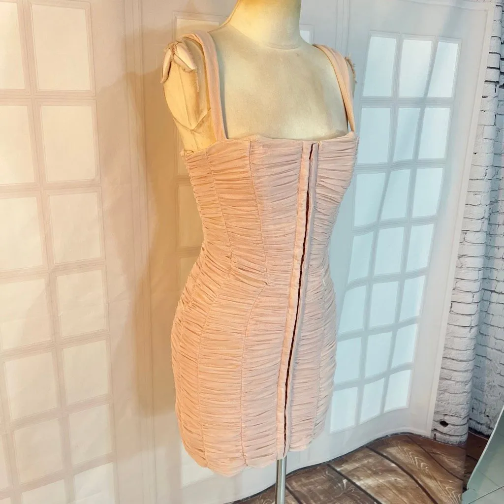 House of CB London Pink Cate Ruched Mesh Square Neck Bodycon Mini Dress Medium - Image 4