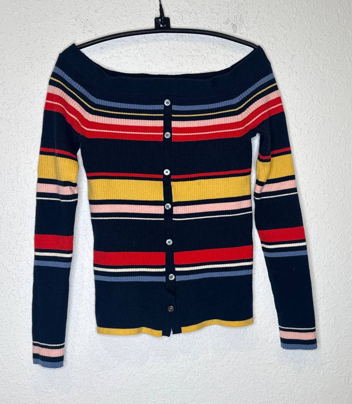 Frame Ribbed Off The Shoulder Striped Color Block Sweater EUC Sz XS Button Down - Image 1