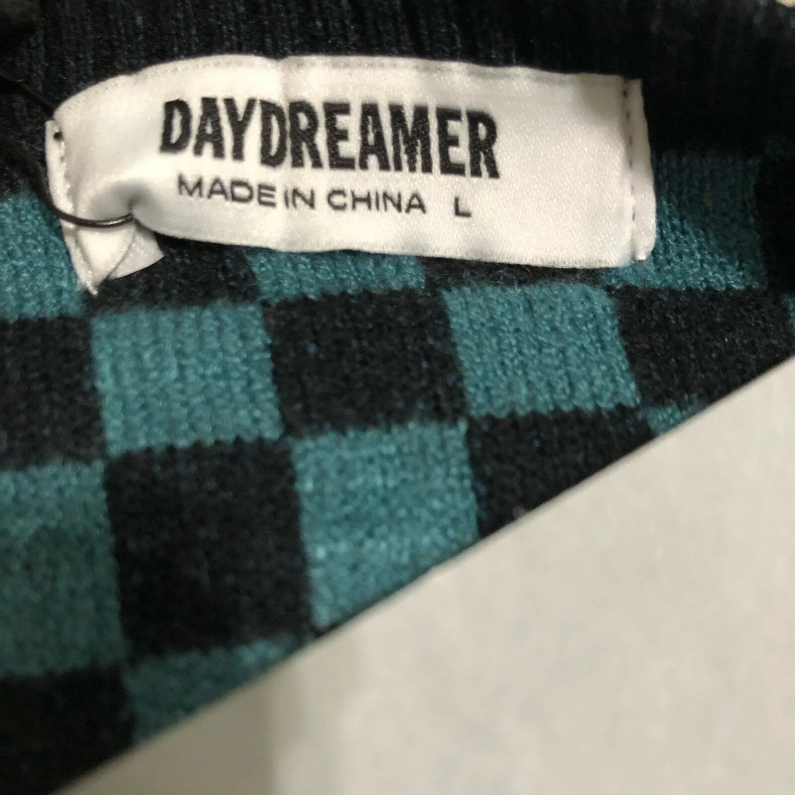 Daydreamer Women's Sweater Size Large Teal Black Checkered Long Sleeve Pullover - Image 7