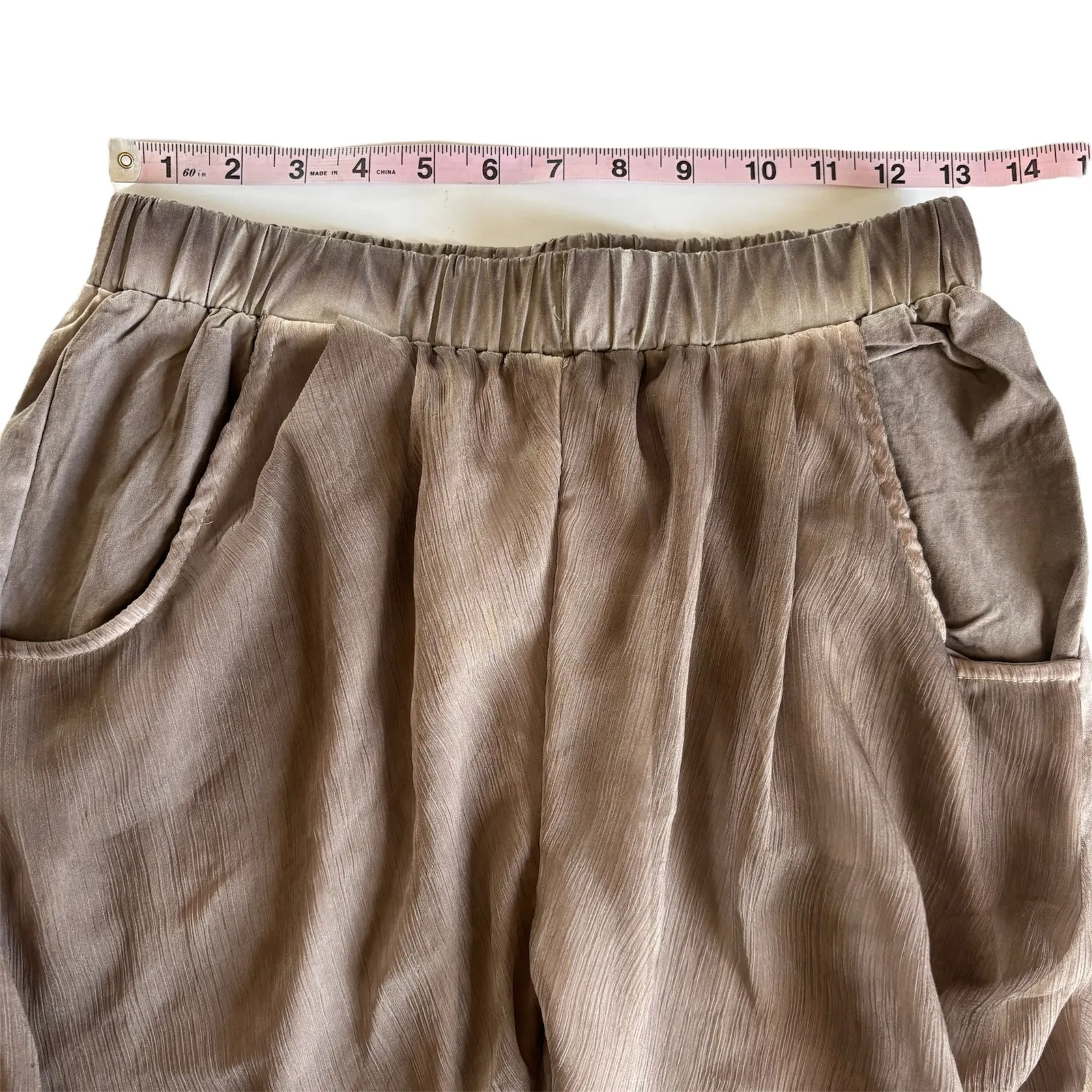 Pretty Angel Tan Brown Linen Blend Pull On Tapered Pants Artsy Eclectic Medium - Image 2