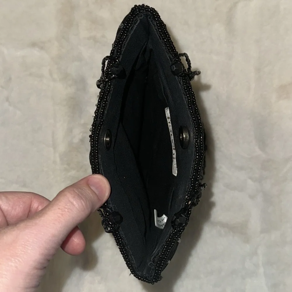 Franchi Vintage Black Pleated Satin Beaded Evening Bag Purse w Beaded Handles - Image 8