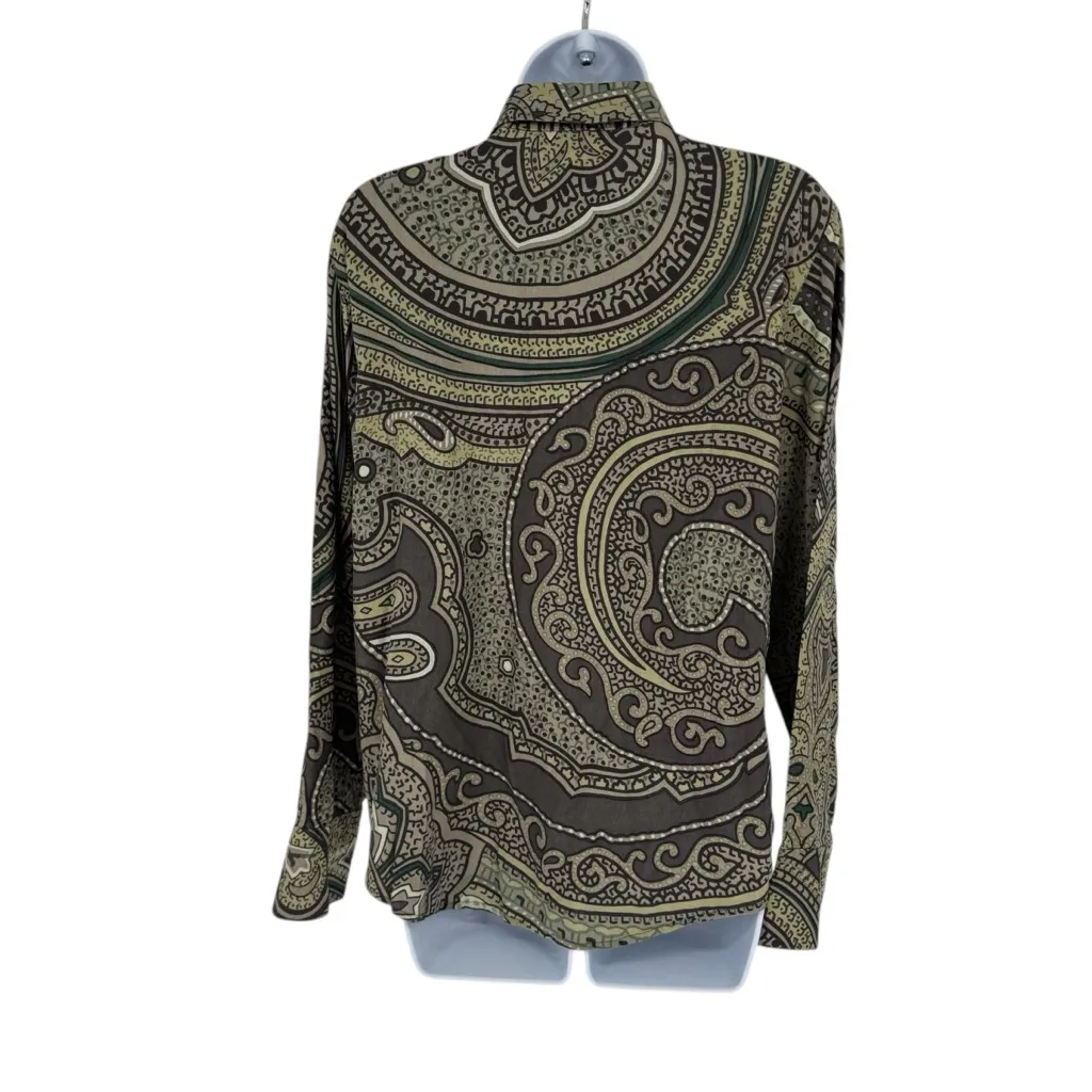 Linda Allard Ellen Tracy Women Green Brown Paisley Shirt Blouse 100% Silk Sz 10 - Image 3