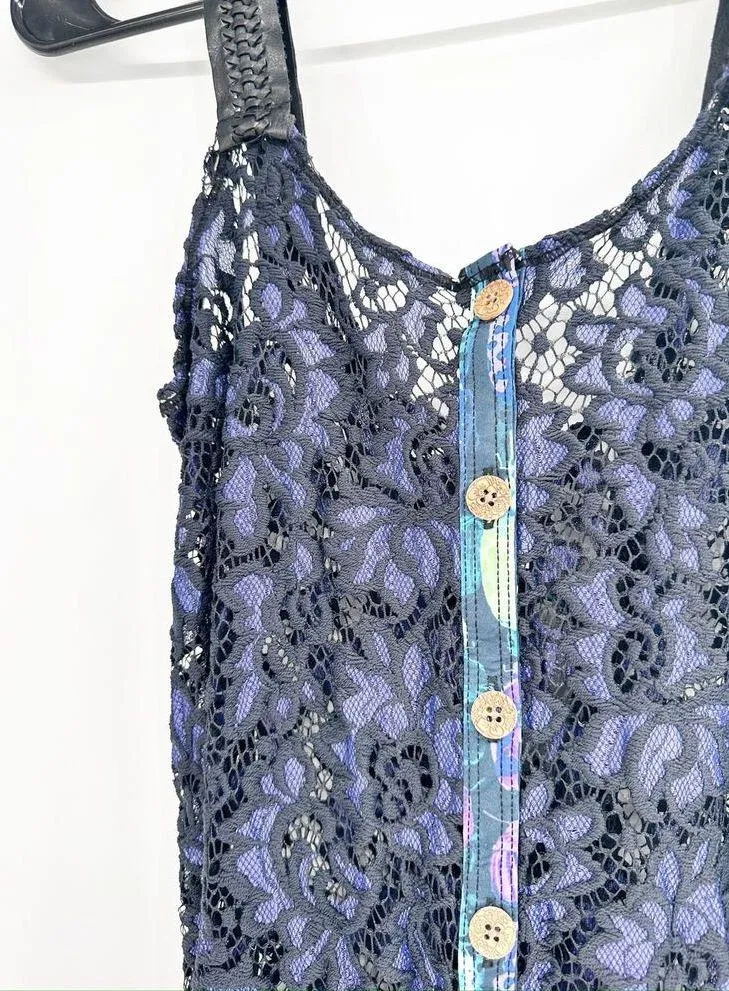 Maaji Blue Sheer Lace Button Front Lace Up Corset Back Swim Coverup Romper Sz M - Image 3