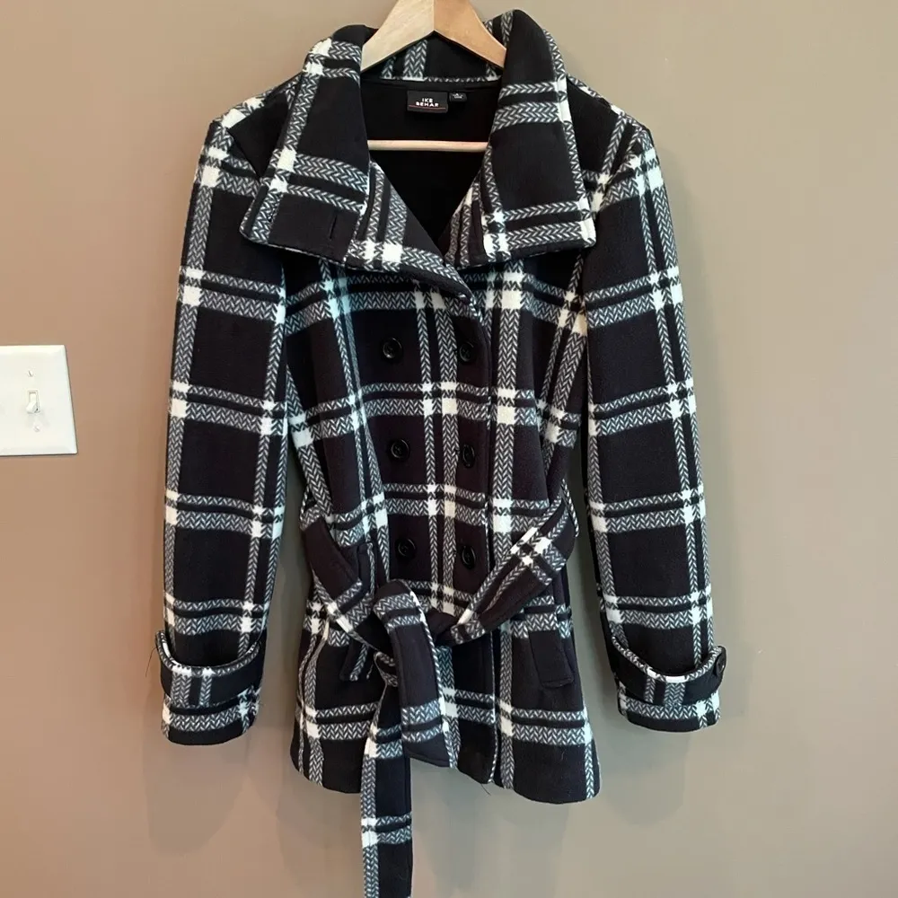 Ike Behar Fleece Check Print Peacoat Black White‎ S - Image 3