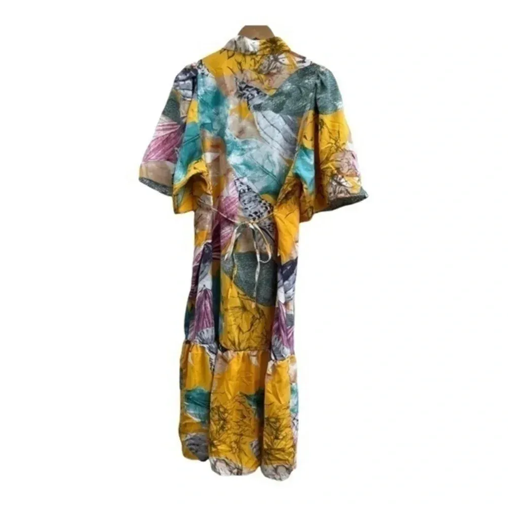 Yellow Bold Print Floral Button‎ Down Midi Dress with Ruffle Hem Size Large​​​ - Image 5