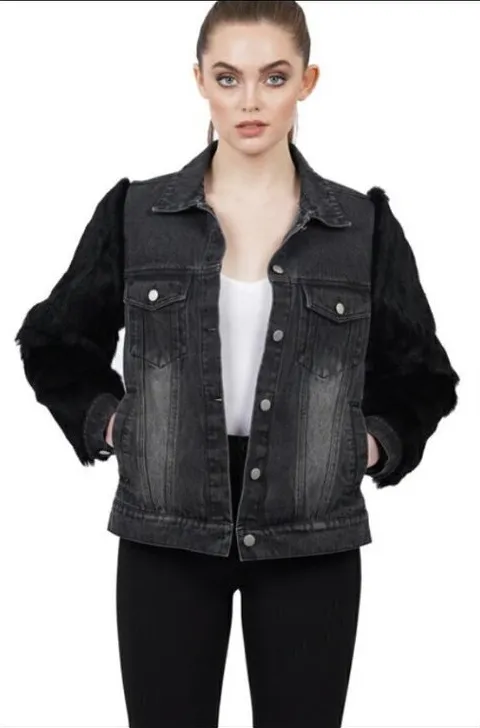 💕LOVE TOKEN💕 Murray Genuine Real Rabbit Fur Sleeve Denim Jacket Coat ~ Black M - Image 1