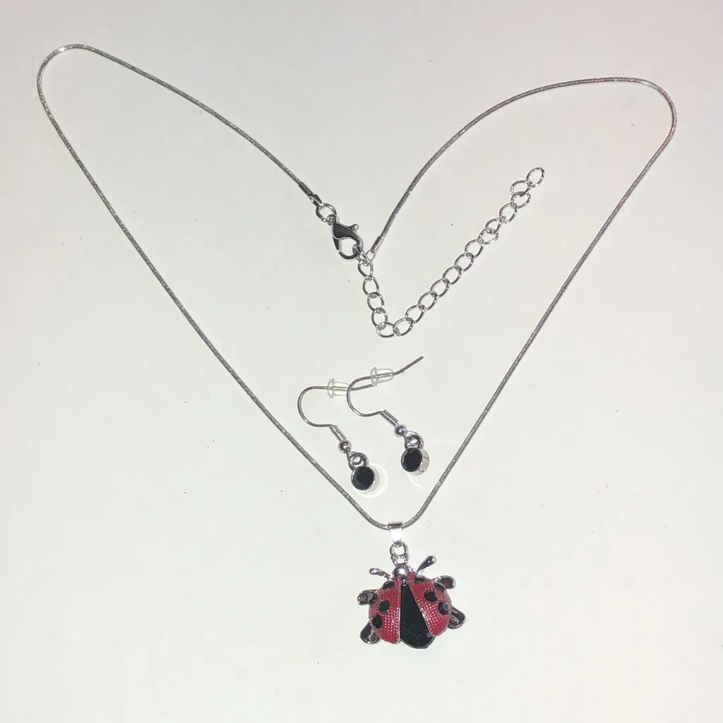 Silver Tone Ladybug Pendant Necklace and Earring Set Red - Image 3