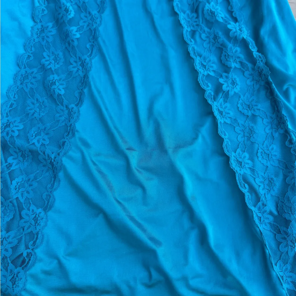 Vtg Val Mode Lingerie Slip Dress Nightgown Small Teal Blue Shiny Nylon Lace Long - Image 10