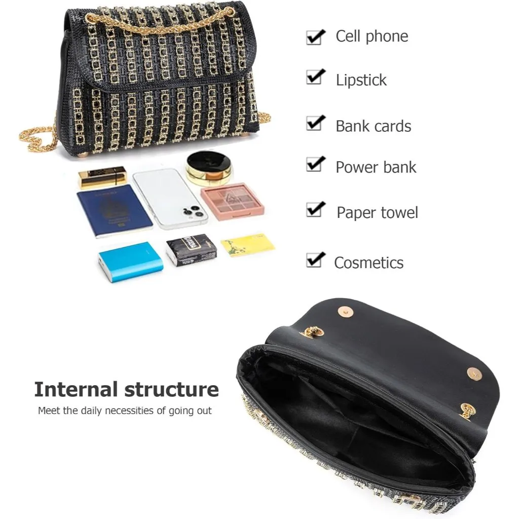 ⚡Women's Sparkly Rhinestones Chain Shoulder Cocktail Black Clutch Party Prom Bag - Image 4