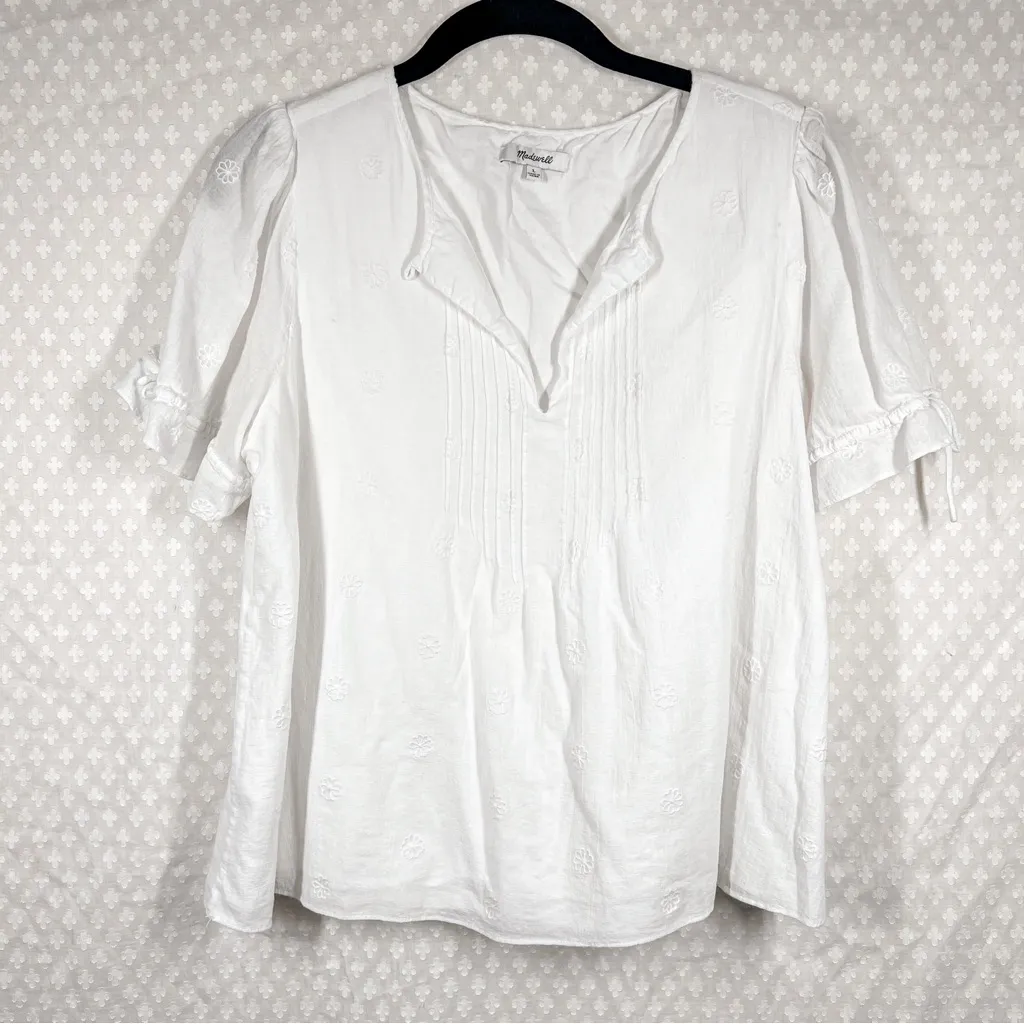 Madewell‎ White Embroidered Pintuck Peasant Top - Image 2