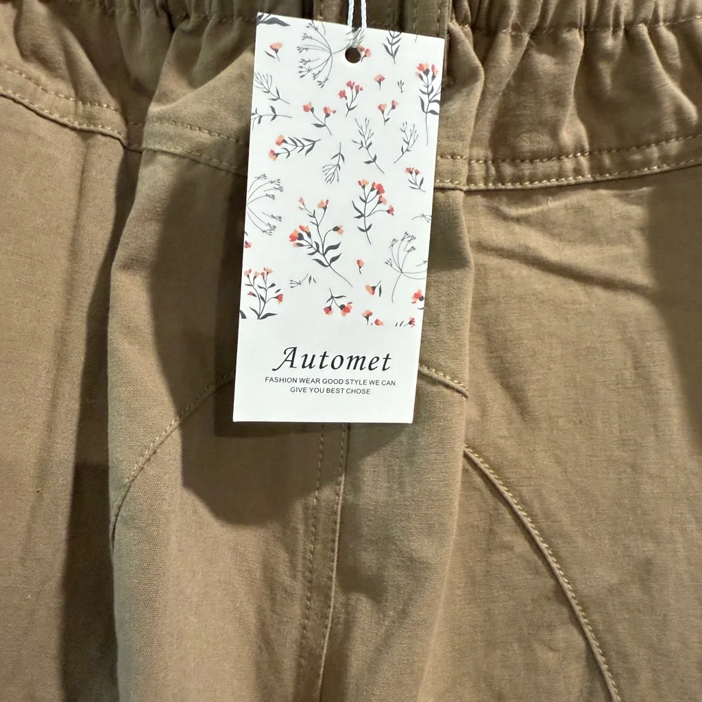 Women's Tan Cotton Cargo Pants Elastic Waist Pull On Baggy Relaxed NWT Brown - Image 4