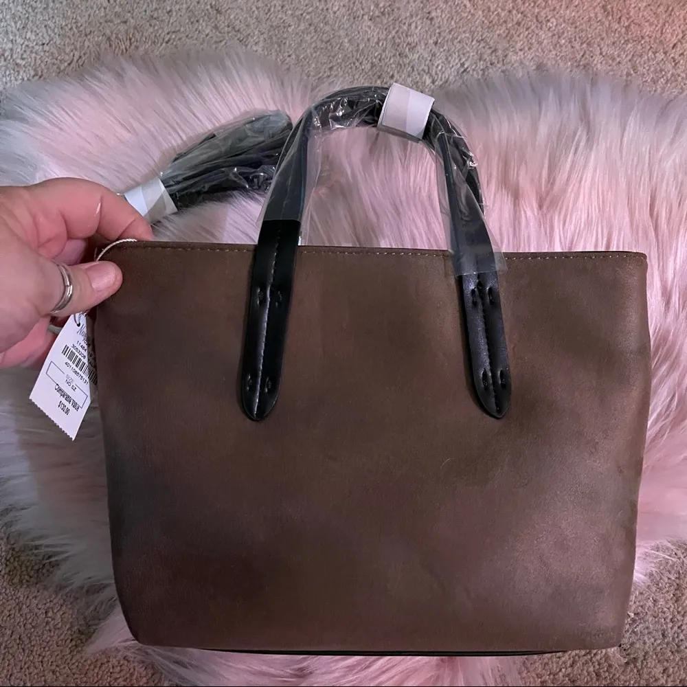Neiman Marcus Mini Faux Suede Taupe Crossbody Tote Bag - Image 11