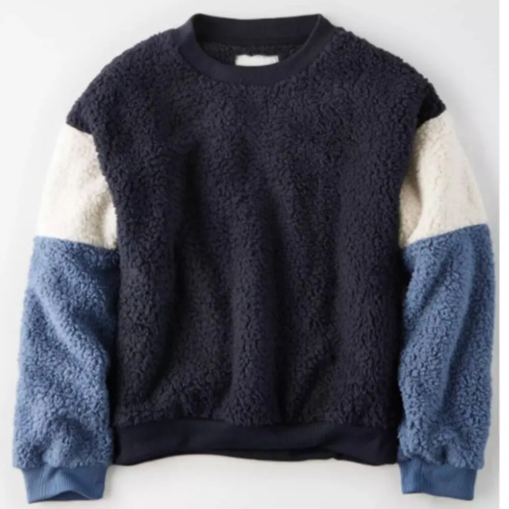 AMERICAN EAGLE Navy Blue Cream Colorblock Sherpa Pullover Crewneck Sweatshirt S - Image 3