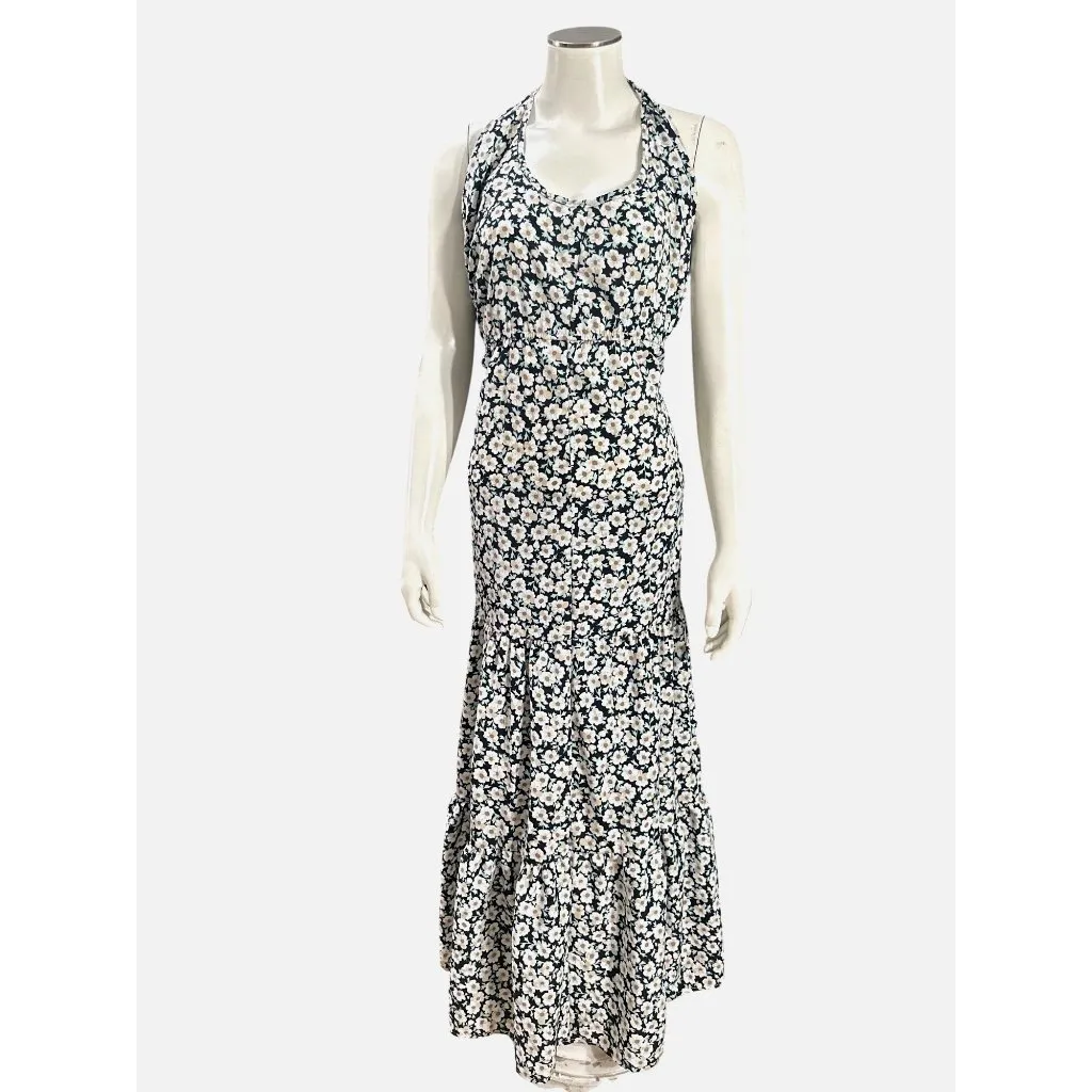 Pretty Garden M Navy White Floral Halter Backless Tiered Ruffle Maxi Boho Dress - Image 2