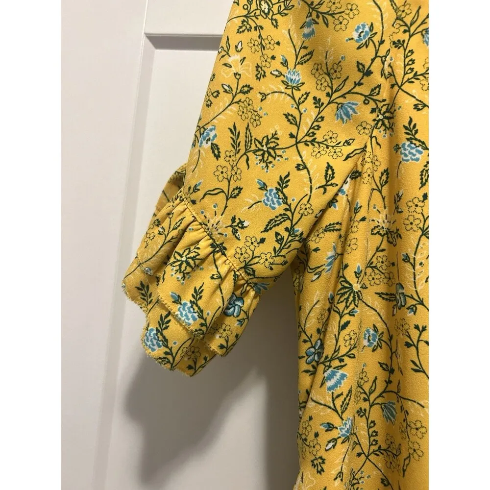 Kaari Blue Yellow Floral Lined Dress Ruffles Belted Spring Boho Size Small Short - Image 3