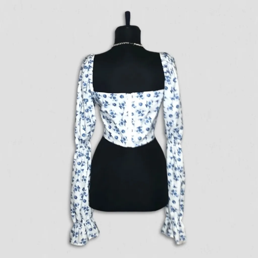 Vintage Y2K boho Cropped Top Tie Front Trumpet Sleeves Floral Blue & White M Size M - Image 4