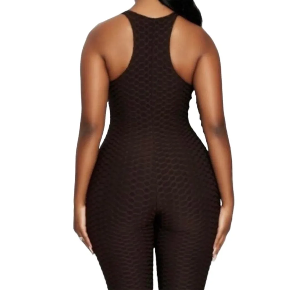 Naked Wardrobe Honeycomb Sleeveless Racerback Jumpsuit in Chocolate Brown - Image 2
