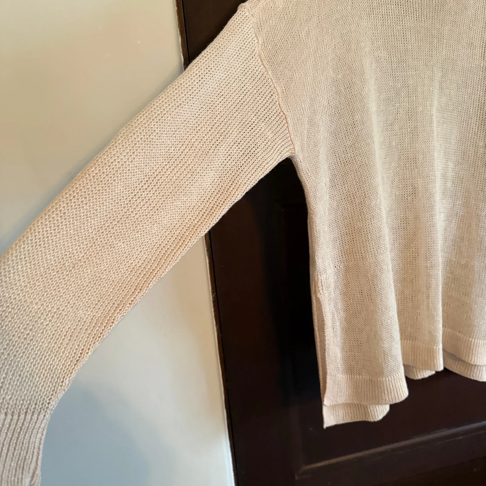 EILEEN FISHER | Cream 100% Linen Lightweight Open Weave Crewneck Sweater | Large - Image 4