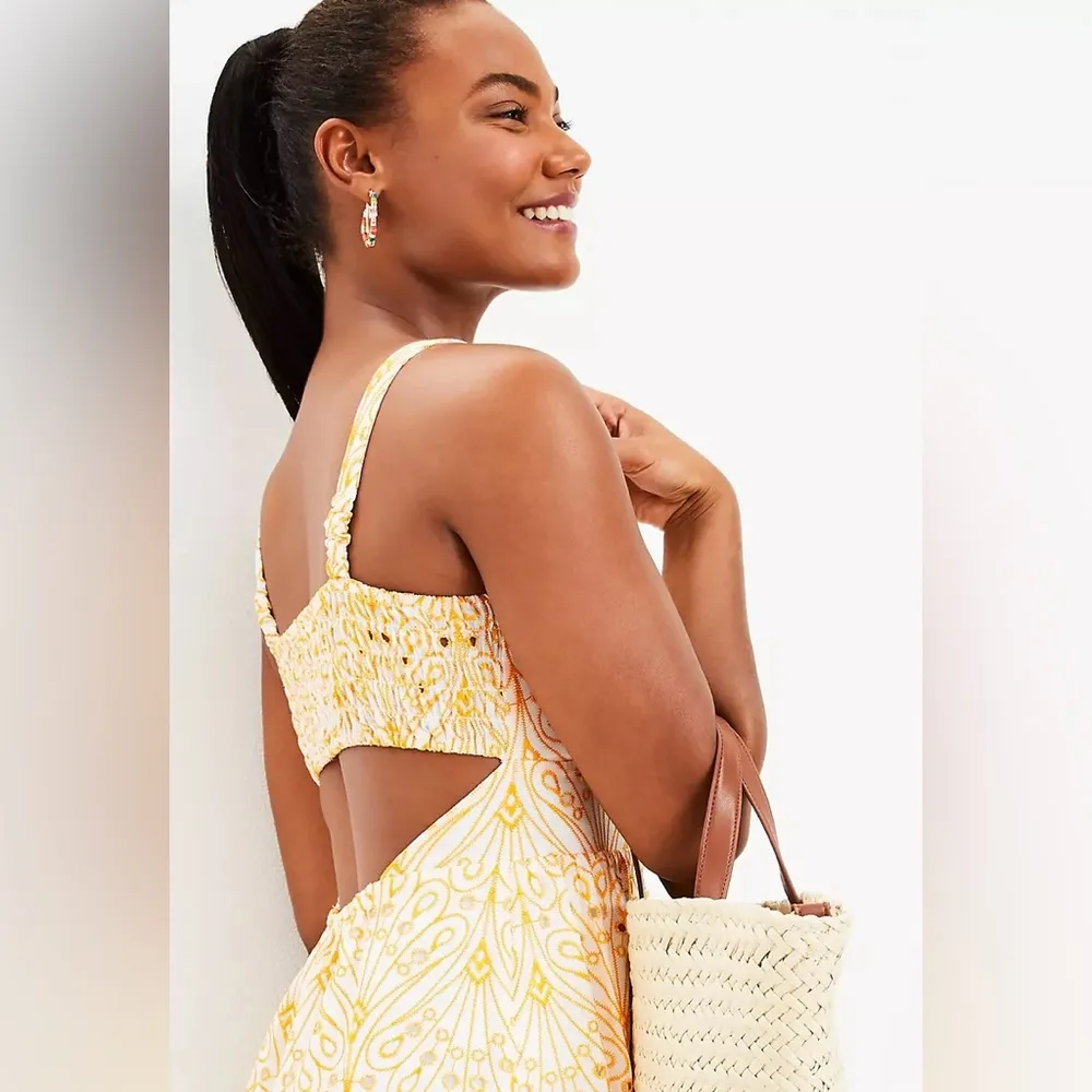 LOFT Eyelet Open Back Woven Cotton Lined Maxi Dress in Yellow &‎ White Sz 10 NEW - Image 4