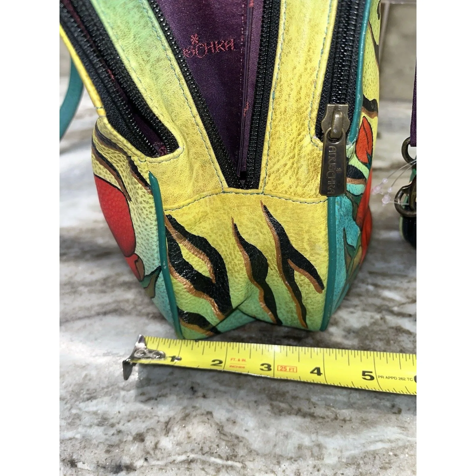 Anuschka Hand Painted Art Leather Tiger Leopard  Hibiscus Satchel Purse W/Coin - Image 8