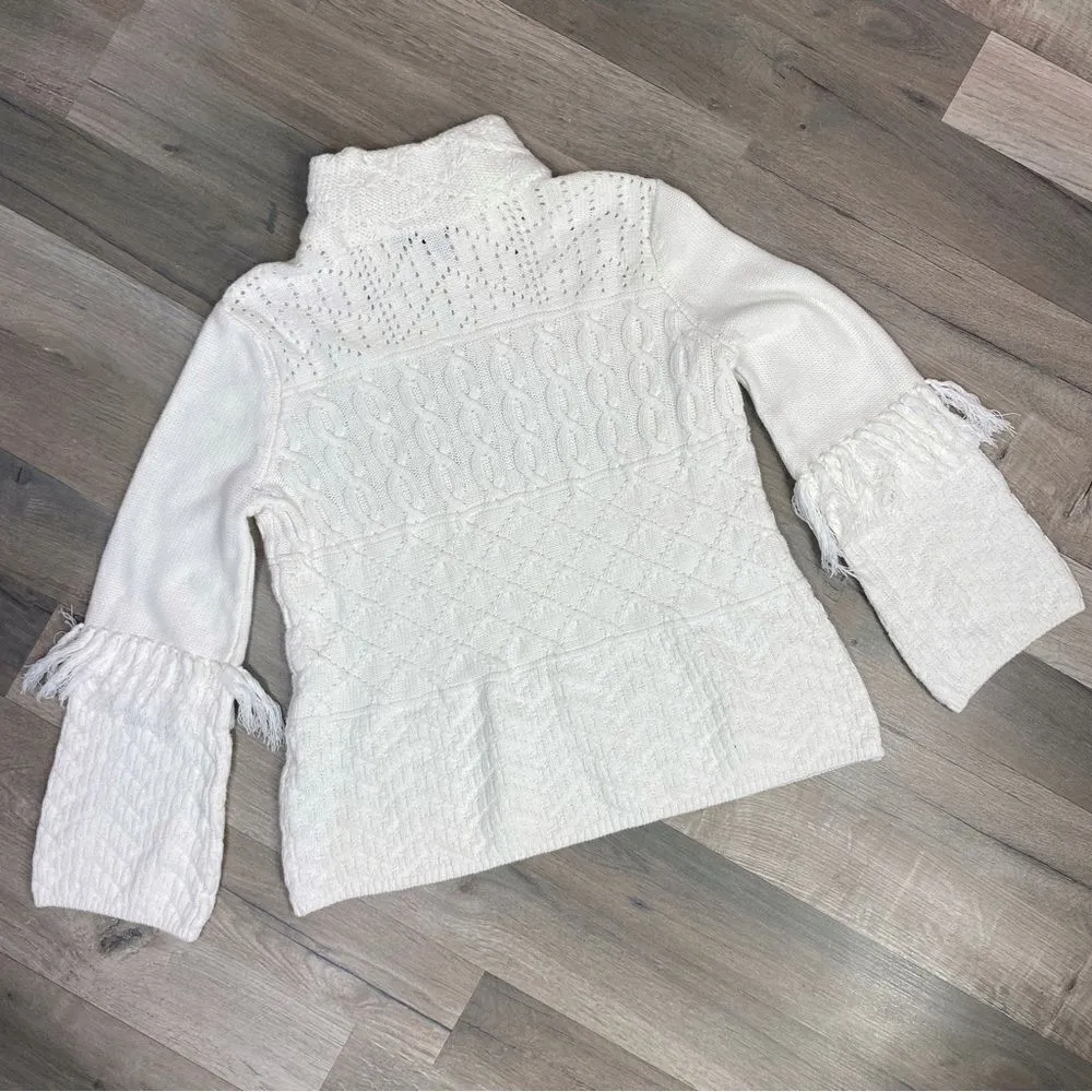 White House Black Market Boho Fringe Sleeve Mock Neck Sweater White Medium - Image 8