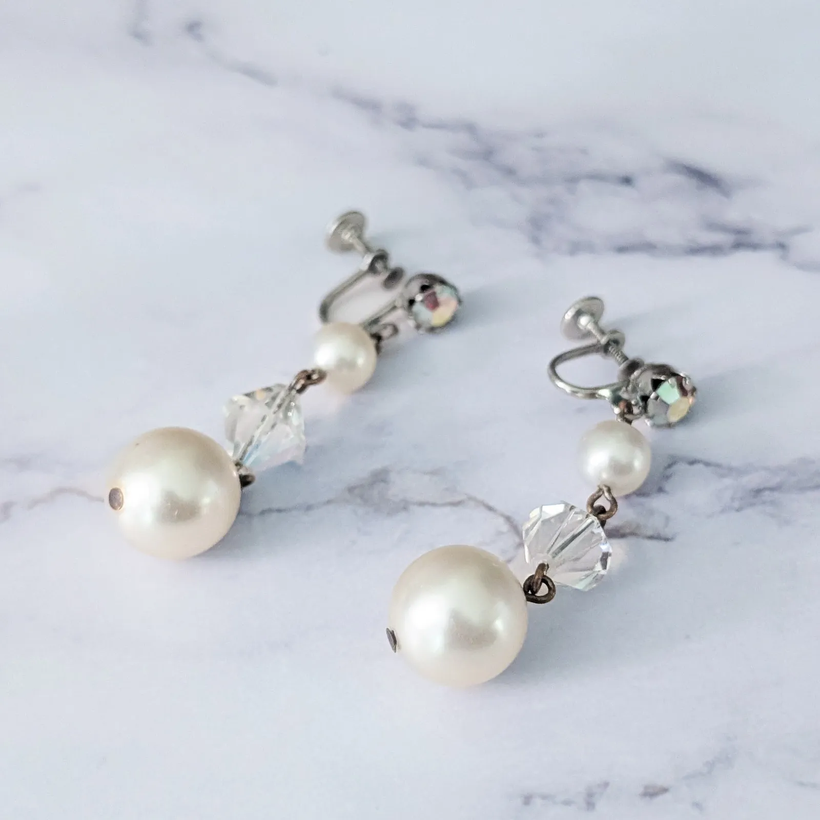 Vintage Screw On Earrings 2.25" Long Faux Pearl & Clear/Iridescent Dangle - Image 6