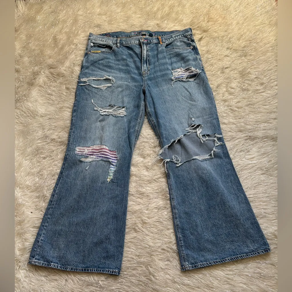 American Eagle Women’s Blue Pride Low Rise Baggy Flare Distressed Jeans Size 14 - Image 3