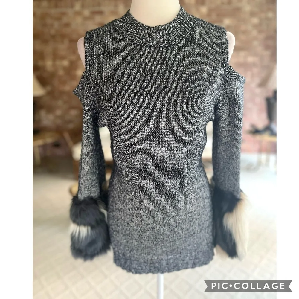 Boston Proper Faux Fur Cuff Sweater M Shimmer Black Cold Shoulder Glam Chic - Image 3