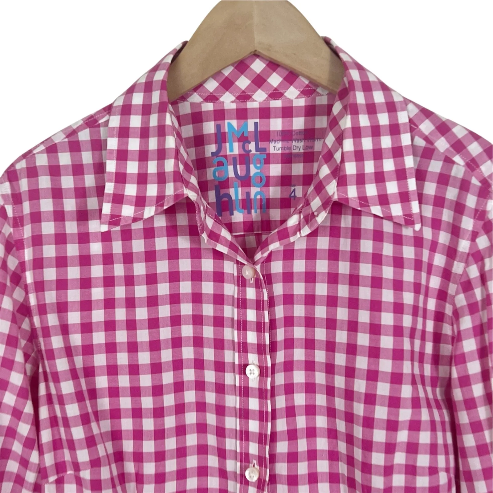 J. McLaughlin Pink and White Gingham Plaid Button Down Shirt Size 4 - Image 4