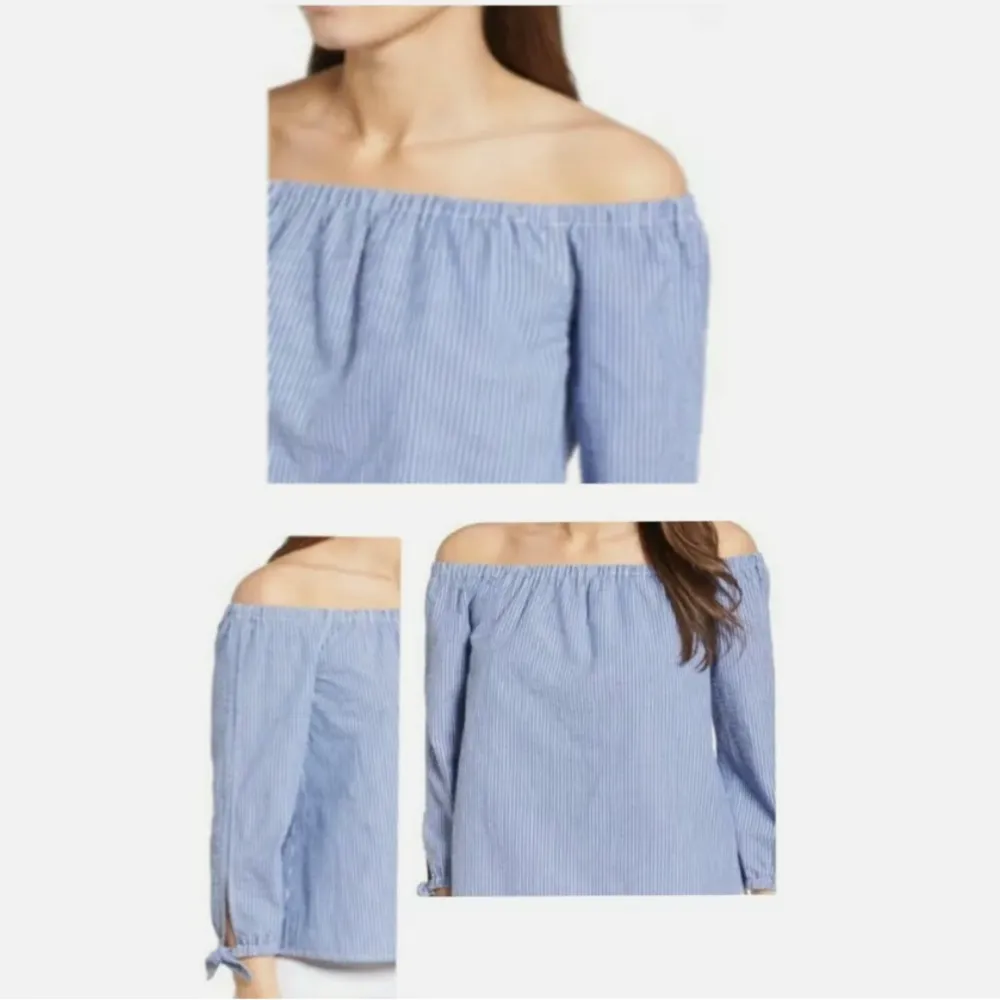 Vineyard Vines Women Off The Shoulder Top Seersucker Blue White Striped Sz 0 A13 - Image 4