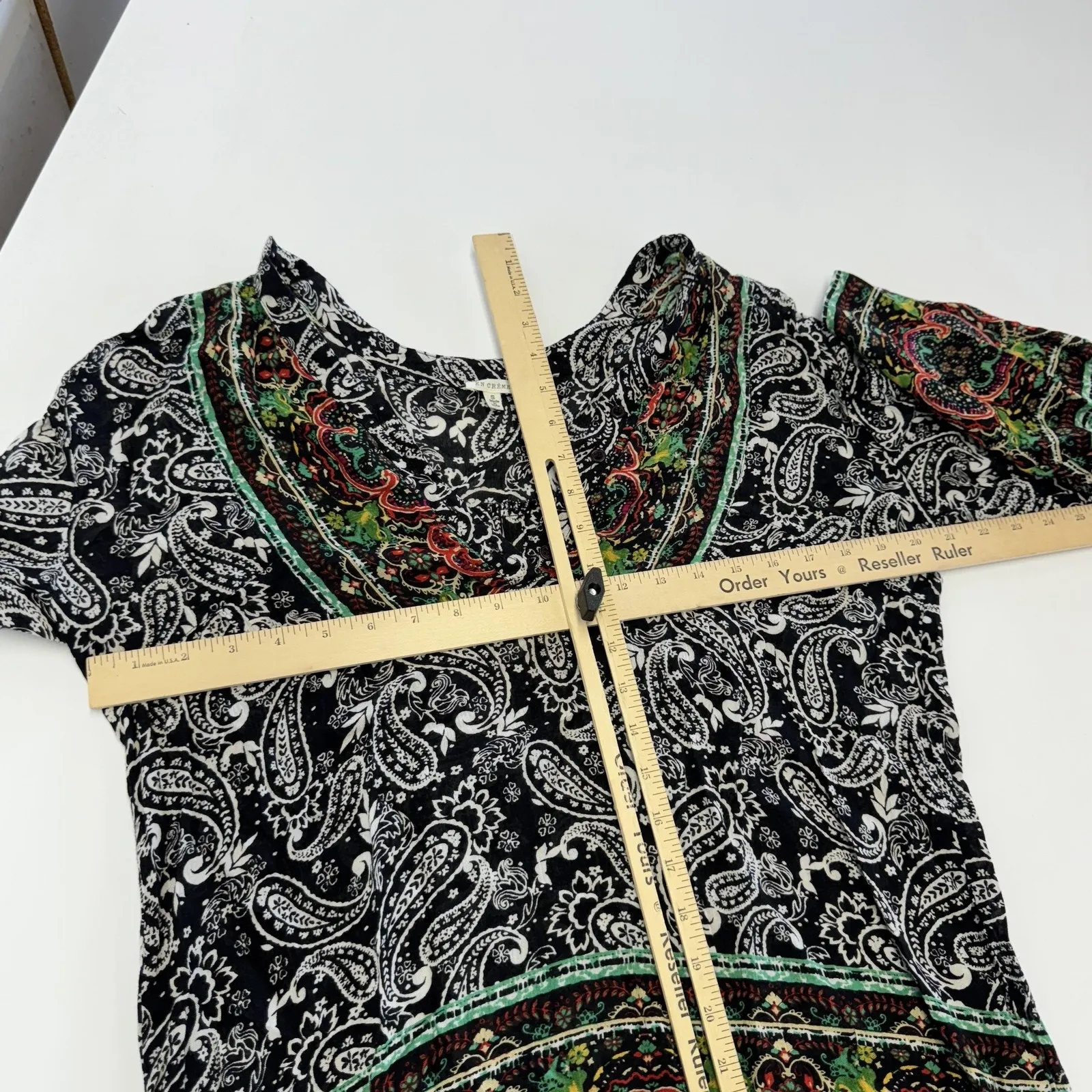 En Creme Shirt Womens Small Black Multicolor Boho Paisley Rayon V Neck Tunic Top - Image 6