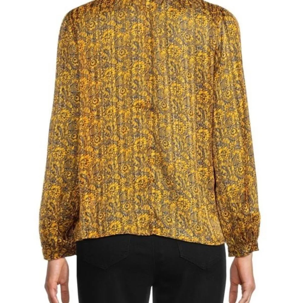 Melloday Floral Metallic Blouse Yellow Gold Button up Size Large - Image 2