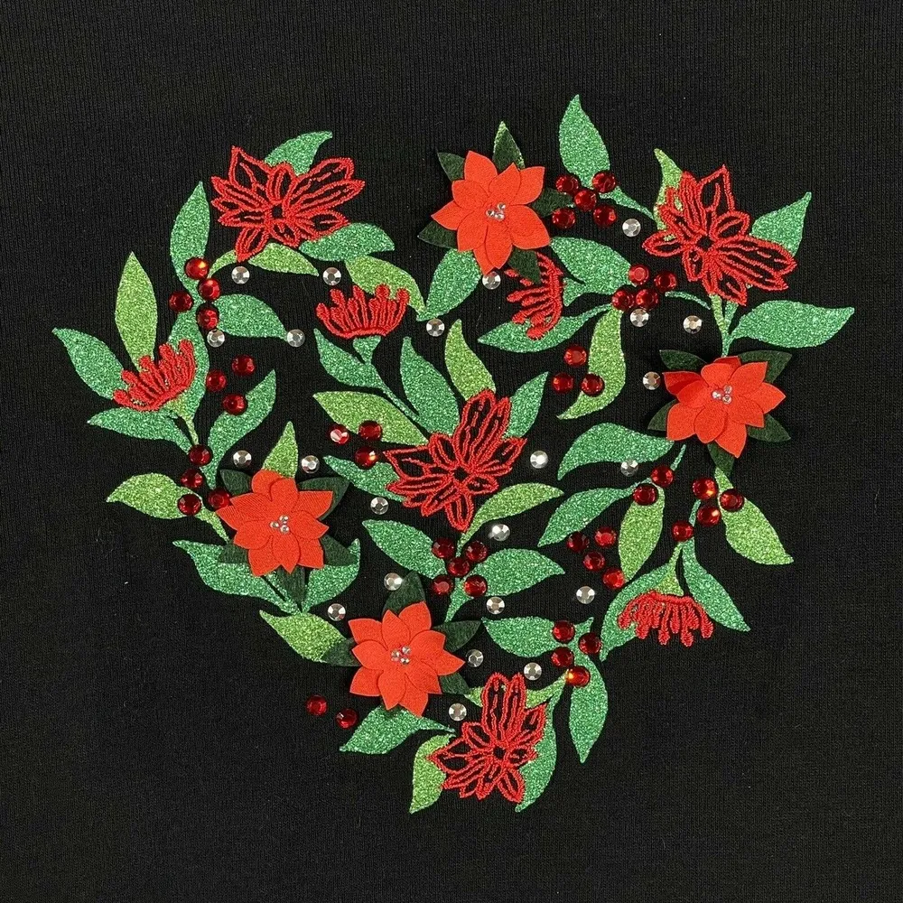 Karen Scott Medium Top Holiday Poinsettia Heart Festive Christmas Long Sleeve - Image 3