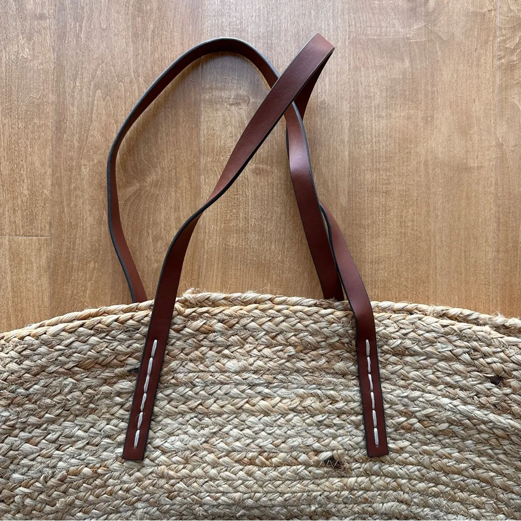 Mango Jute Basket Bag, Large Beach Tote, Drawstring Vacation Leather Handle Bag - Image 6