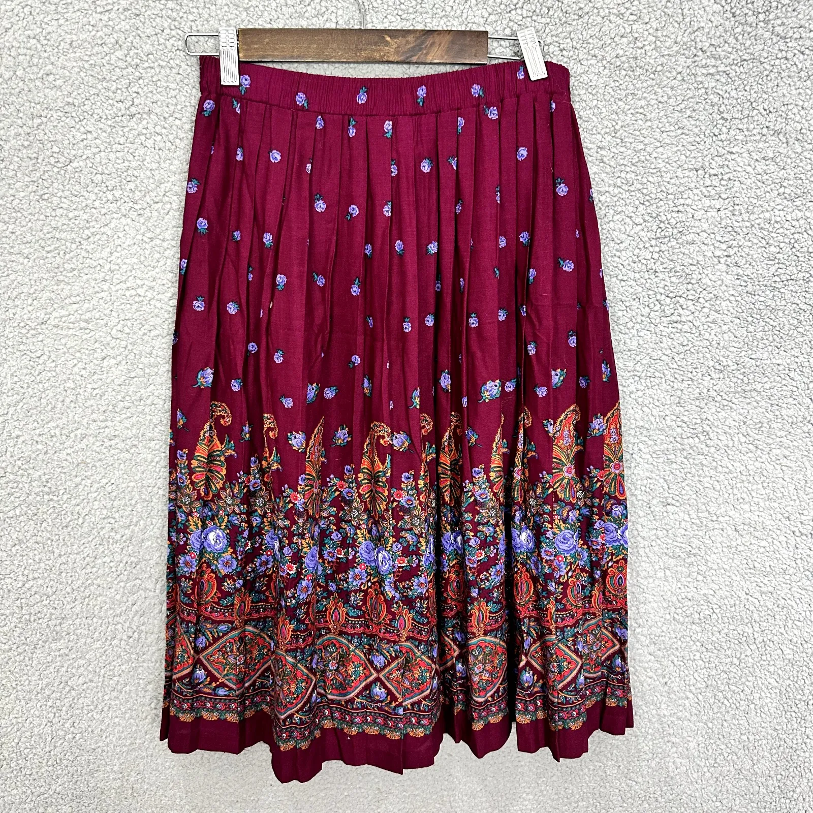 Kay Warner Paisley Skirt M Purple Floral Pleated Midi Boho Hippie‎ Festival Size M - Image 4