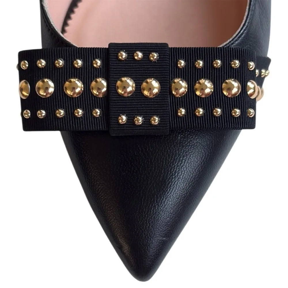 EUC J. Crew Leather Gwen Sling Back Gold
Studded Bow Flats Black Size 8 - Image 3