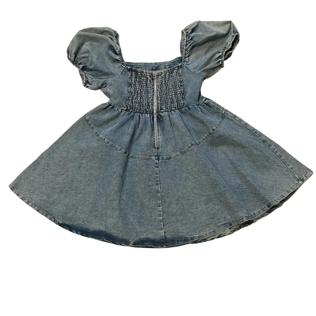 NWT, GeeGee Morgan Puff Sleeve Denim Mini Dress Smocked Babydoll, Sz Lg - Image 12