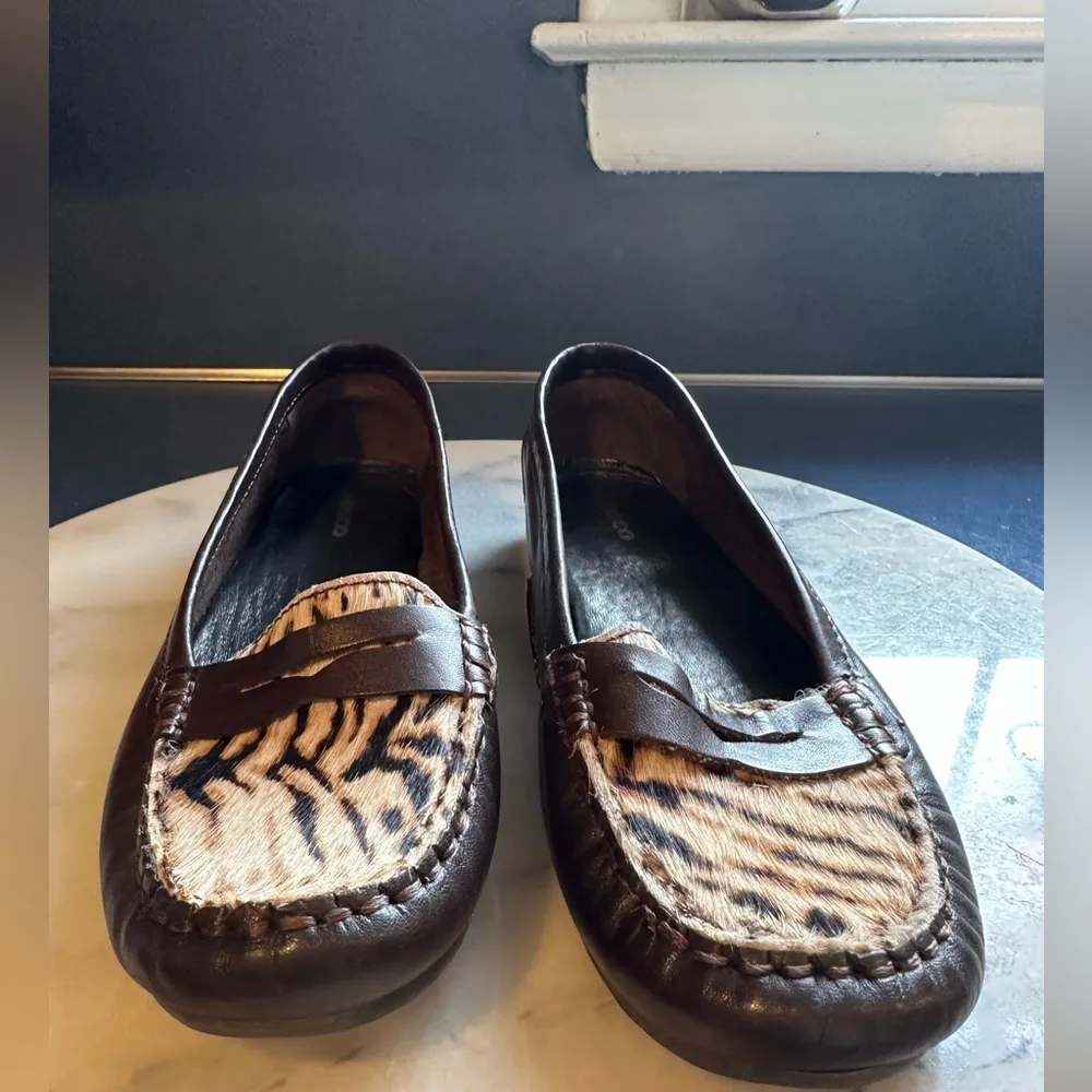 Fosco Brown With Animal Print Real Calf Hair Authentic Moccasins SZ 7 1/2 - Image 2