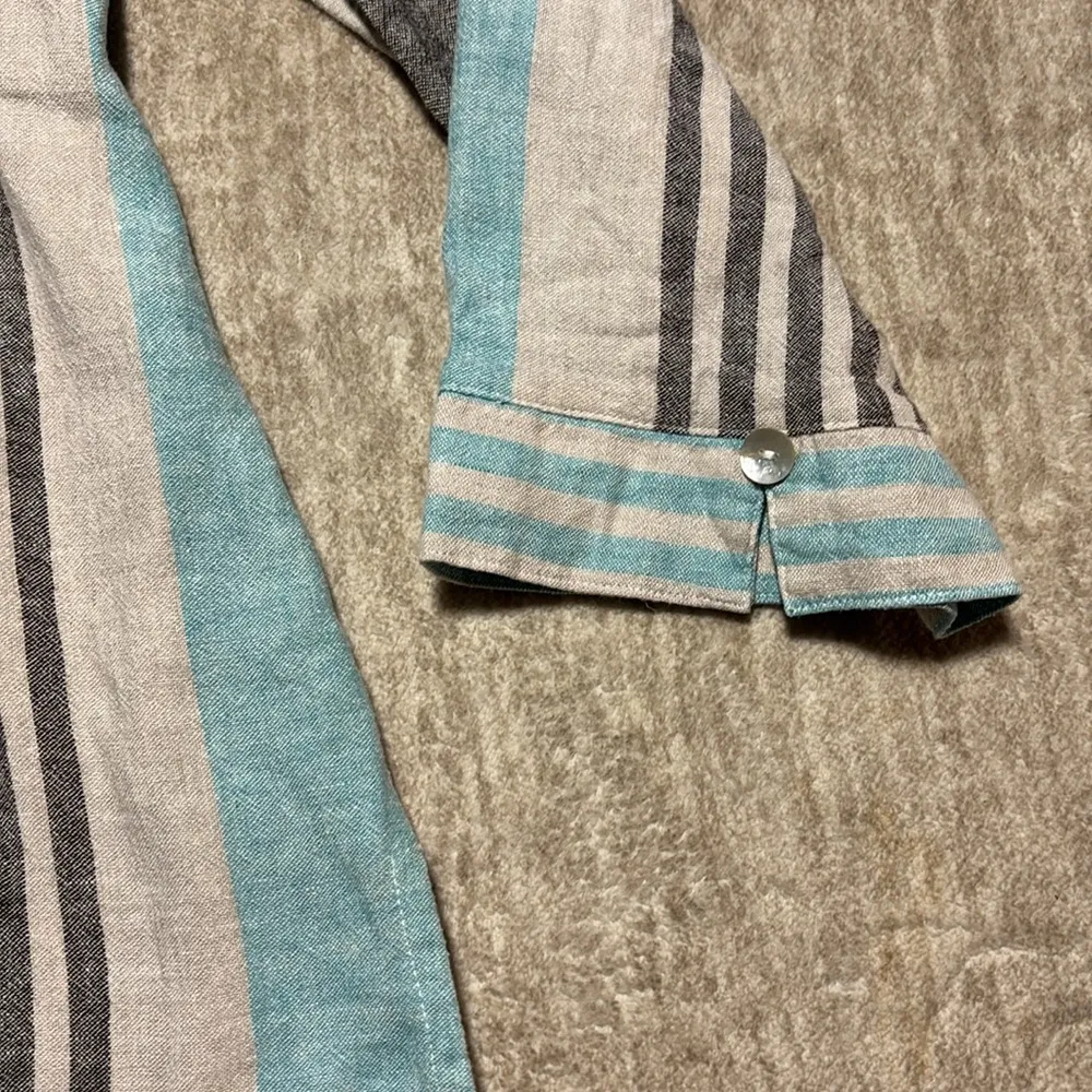XL 100% Linen Tunic button up striped LONG shell buttons long sleeve Beachy Tan - Image 3