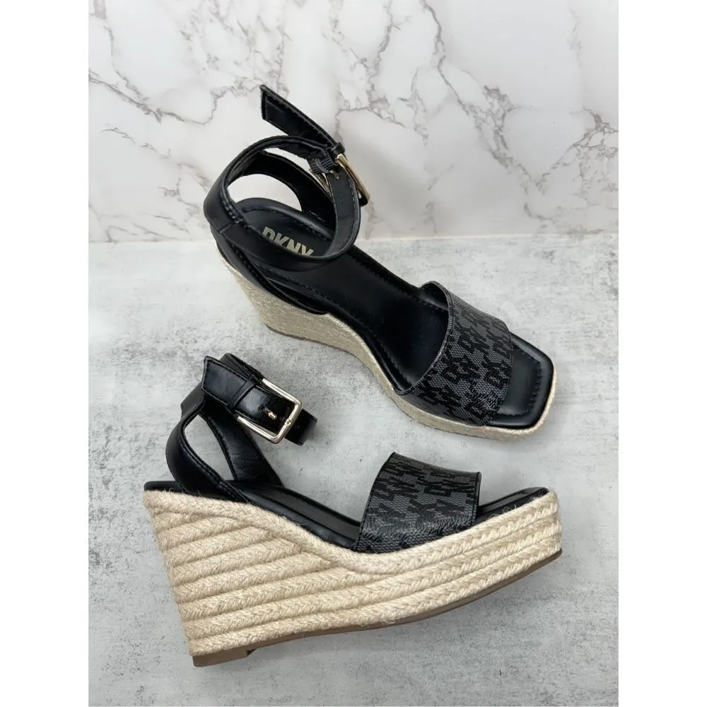 DKNY Sandals Womens Size 5 Black Ankle Strap Espadrille Open Toe Wedges New - Image 8