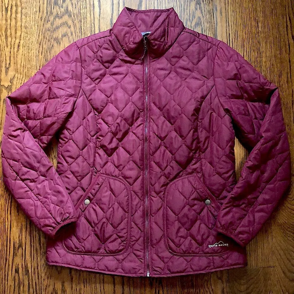EDDIE BAUER Women’s Wine Burgundy Embroidered Diamond Pattern Quilted Coat Sz LG - Image 13