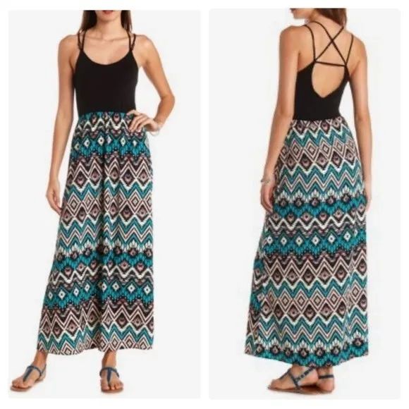 Open criss cross back black and tribal print maxi dress size medium - Image 2