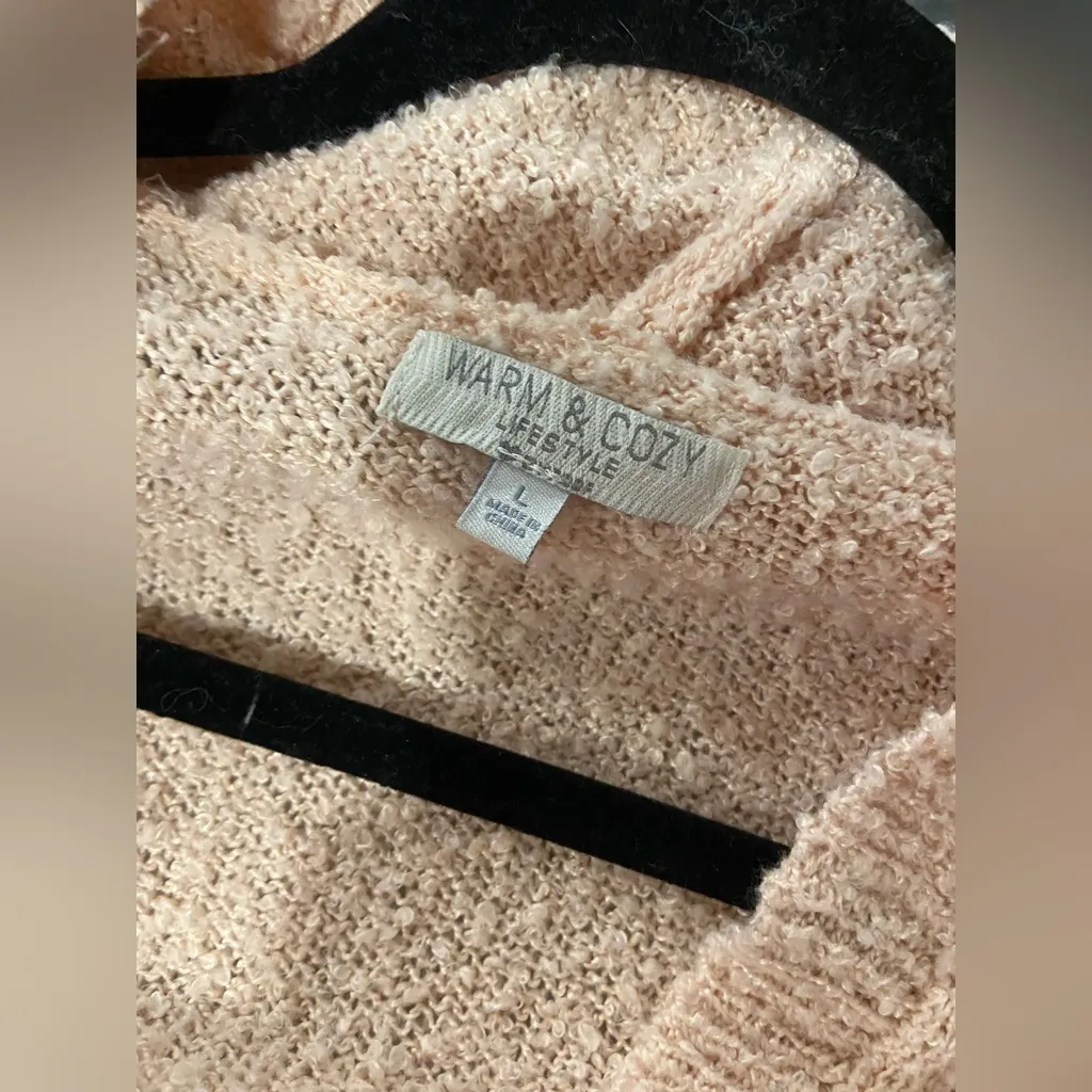 Warm & Cozy Size L Hooded Open Front Light Pink Boucle Knit Cardigan Sweater Size L - Image 8