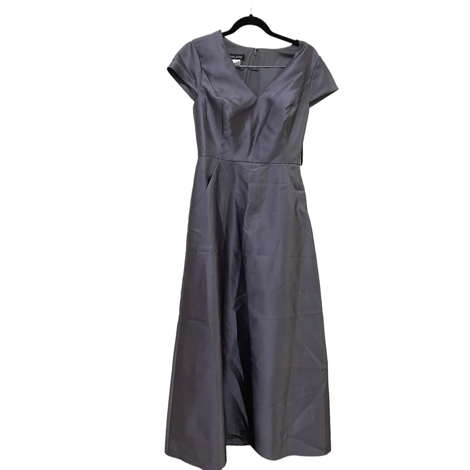 ALFRED SUNG D779 V-NECK SATIN CAP SLEEVE POCKETS CAVIER GRAY GOWN SIZE 10 NEW - Image 6