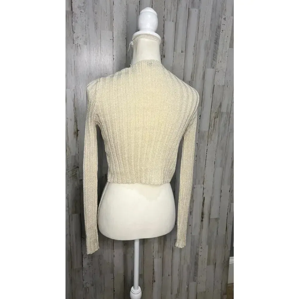 Nasty Gal Ivory Ribbed Cropped Cardigan Sweater V-Neck Button-Up Women's‎ Small - Image 3