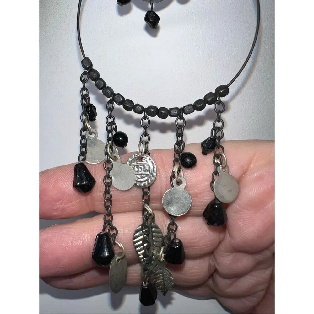 Boho Silver Tone and Black Beaded Large Hoop and Dangle Earrings - Image 4