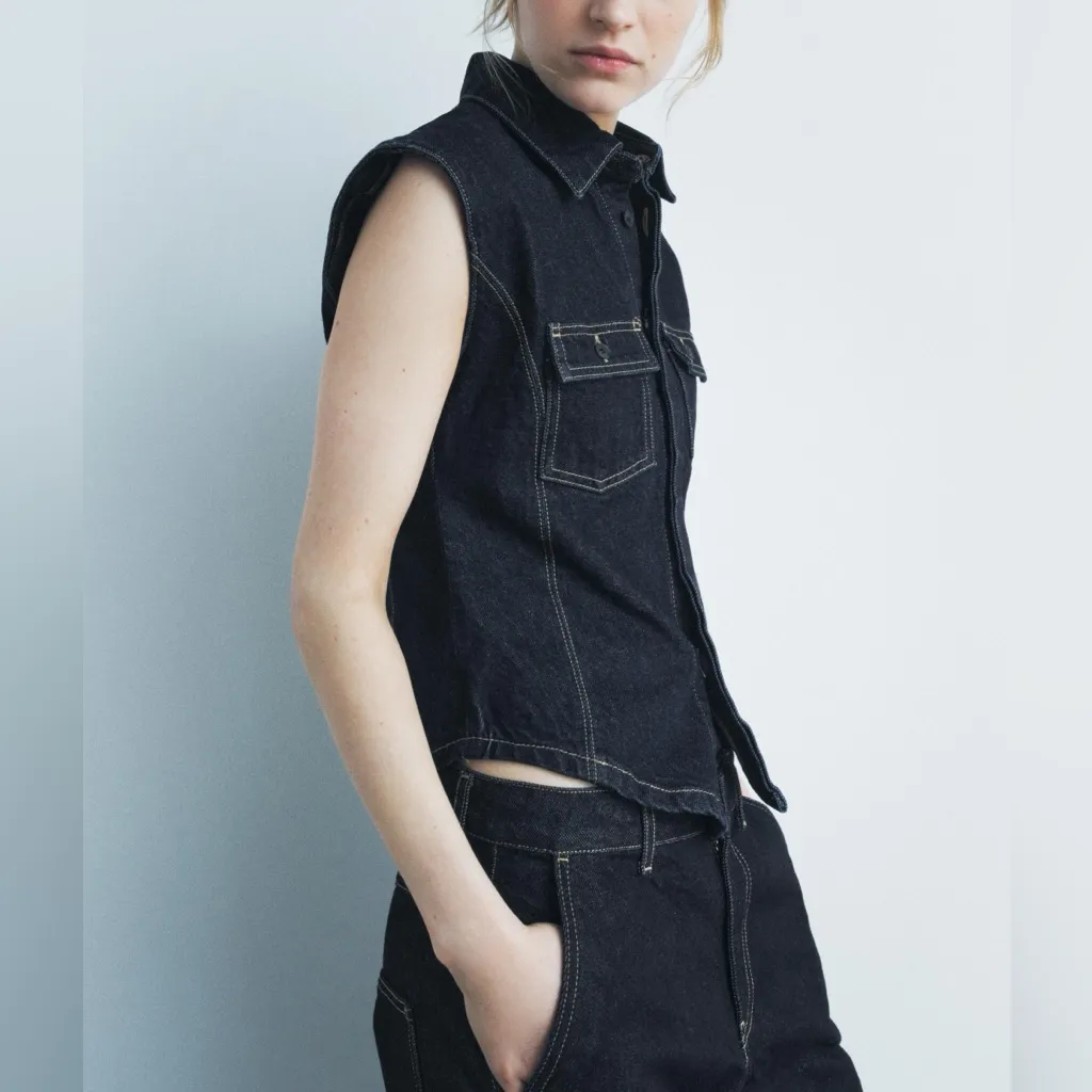 Zara NWT dark denim button collared vest - Image 2